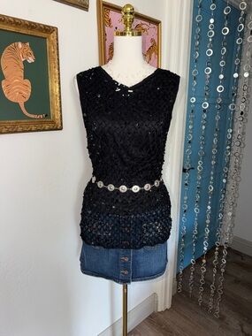 Vintage Y2K Euro Black Sleeveless Sequin Beaded Crochet Top - Women